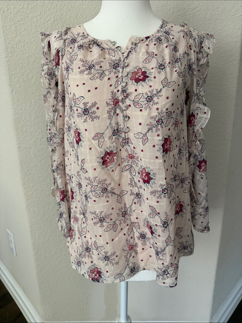 Rebecca Taylor Blush Floral Ruffle-Sleeve Blouse 100% SILK